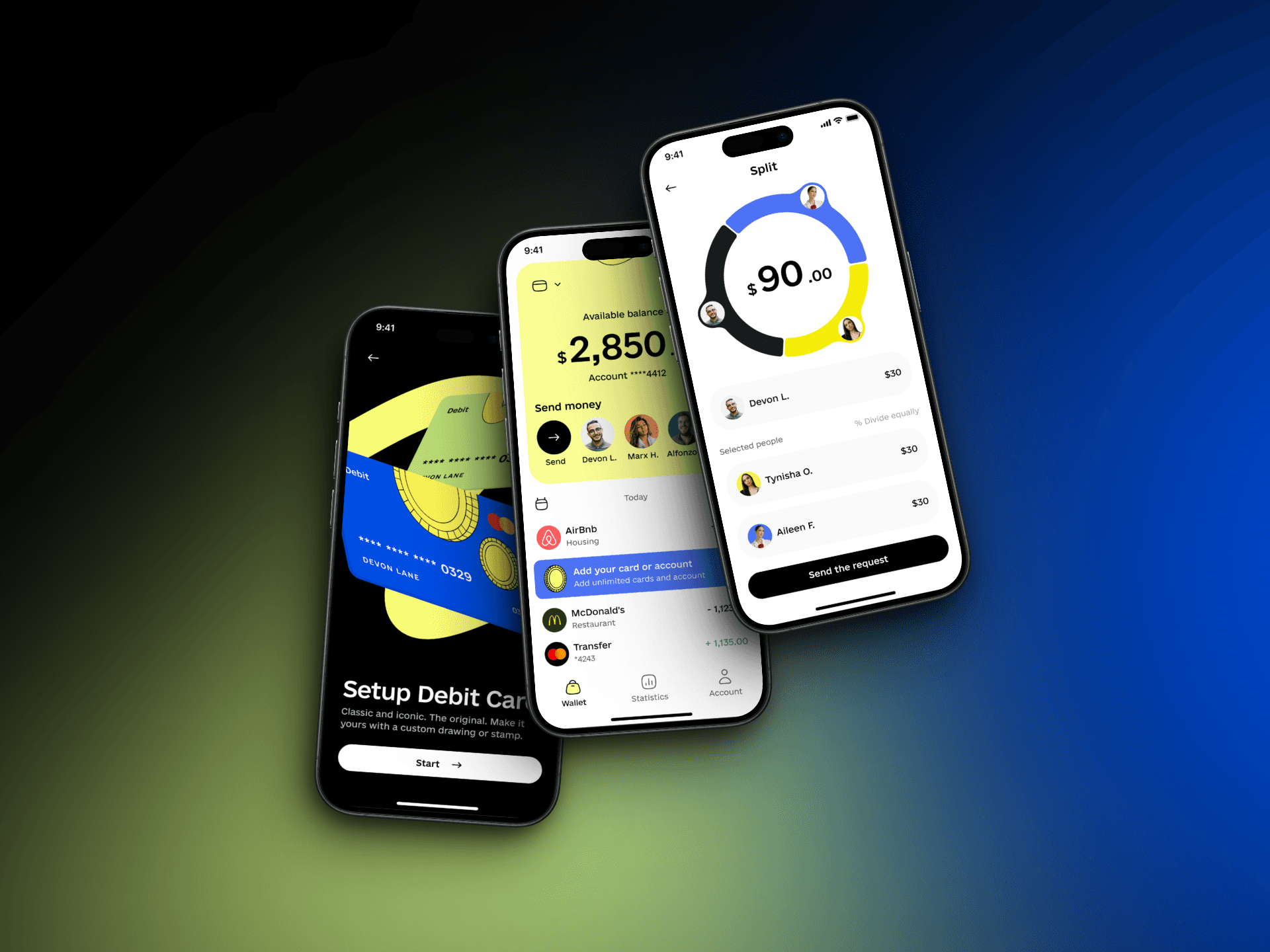 Three mobile phones displaying a banking app