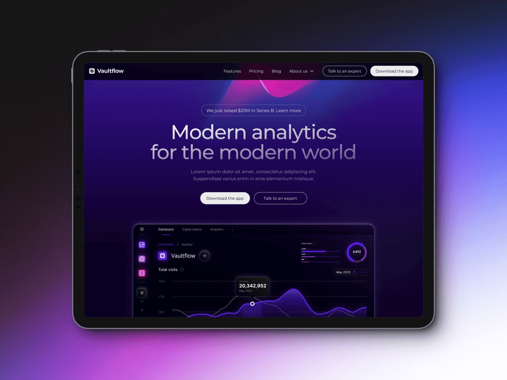 An iPad Pro displaying a landing page analytics website