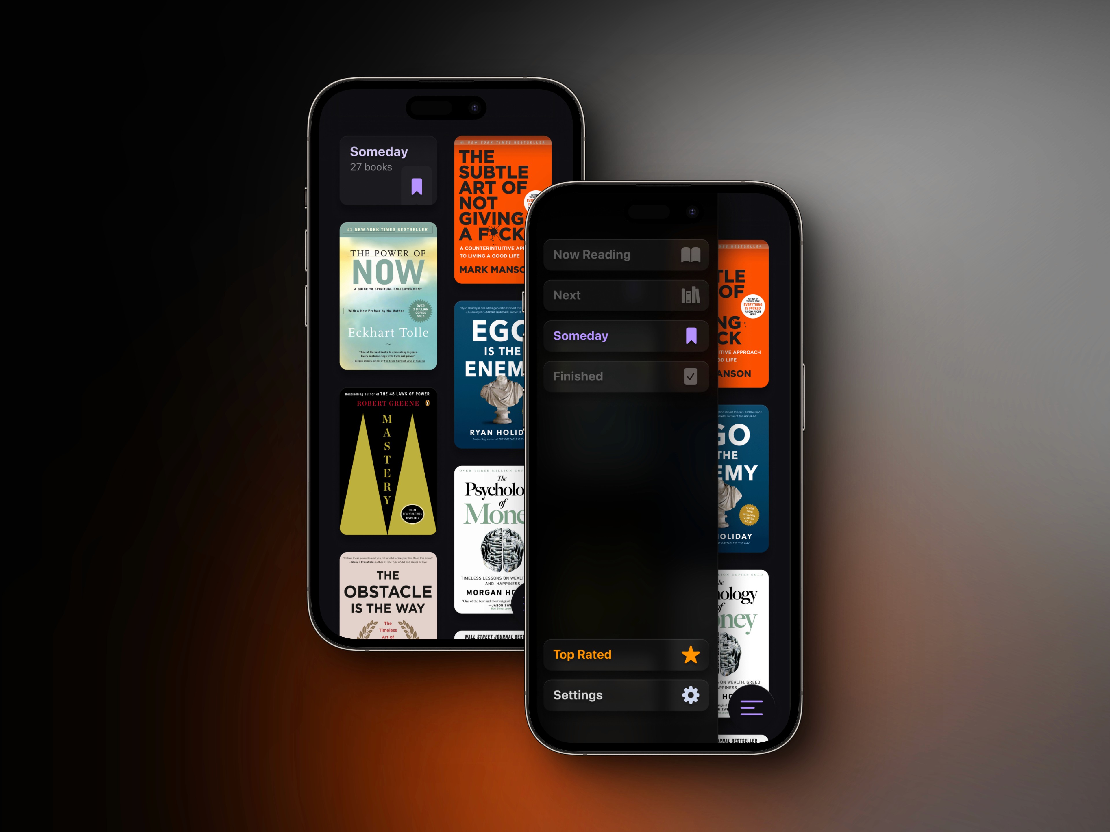 Two iPhones displaying an a book-tracking app