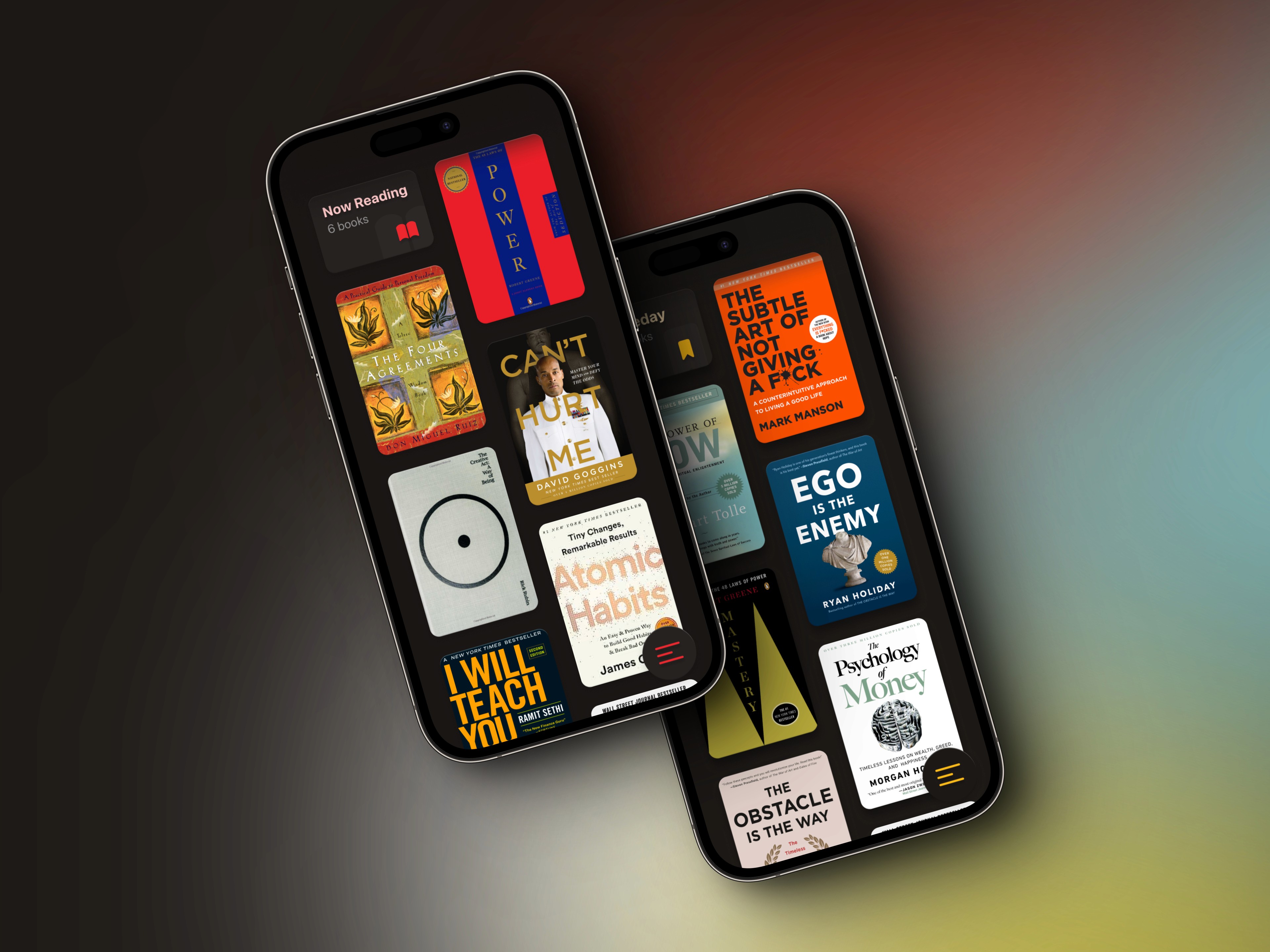 Two iPhones displaying an app containing book covers